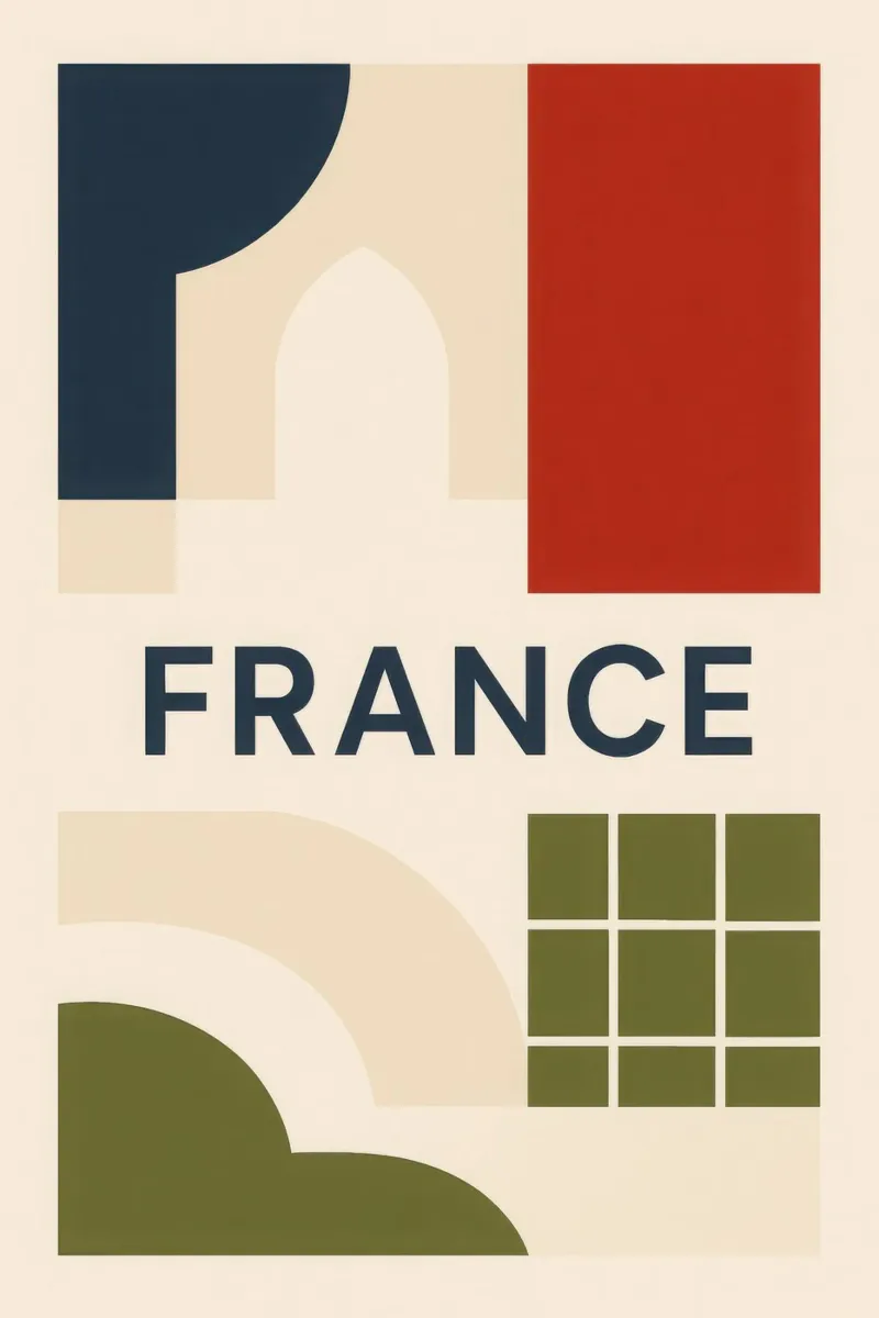 Francia - Un'eleganza a colori senza tempo poster con telaio in alluminio da JETLAG | affiches voyage