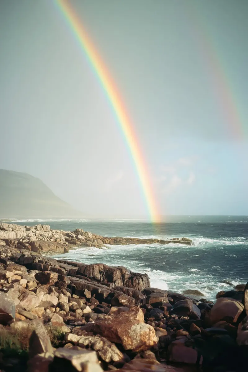 Levendige regenboog aan de kust canvas met Baklijst van Indigo Tides Art