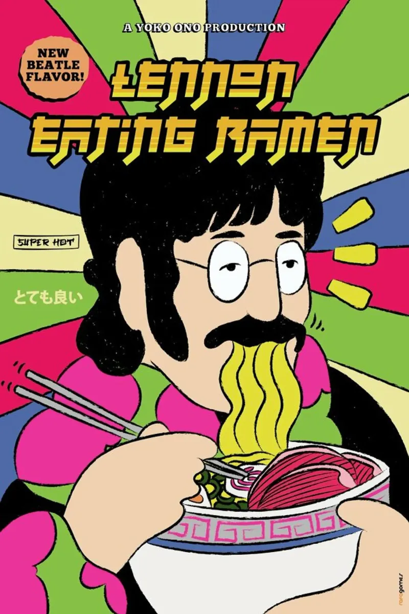 Lennon Eating Ramen poster con telaio in alluminio da Rafa Gomes