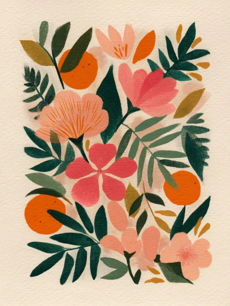 Botanical Abstract Pink, Orange and Green poster con telaio in legno da Gypsy Galleria