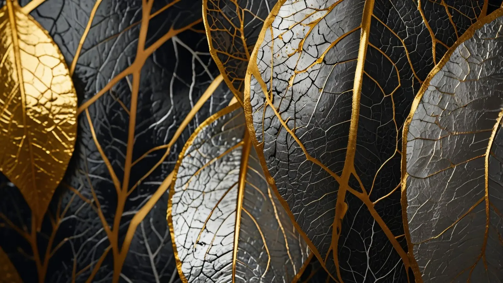 Golden veins of black leaves creating a striking contrast canvas with Floater frame by DesignDoodle