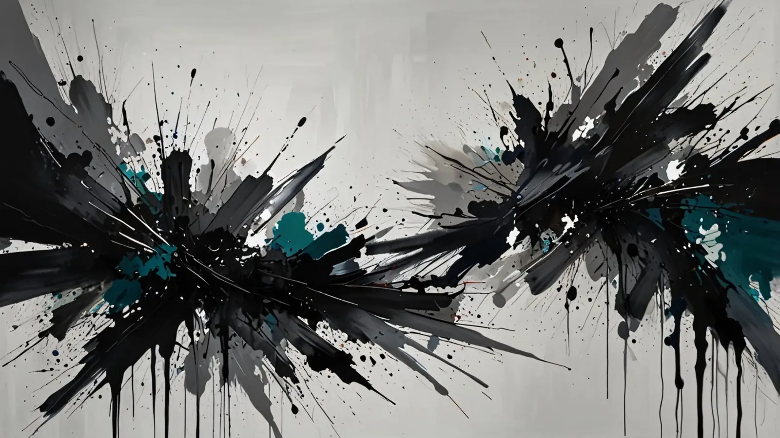 Oeuvre abstraite d'éclaboussures de noir de jais et de sarcelle sur un fond gris clair. hahnemühle de DesignDoodle