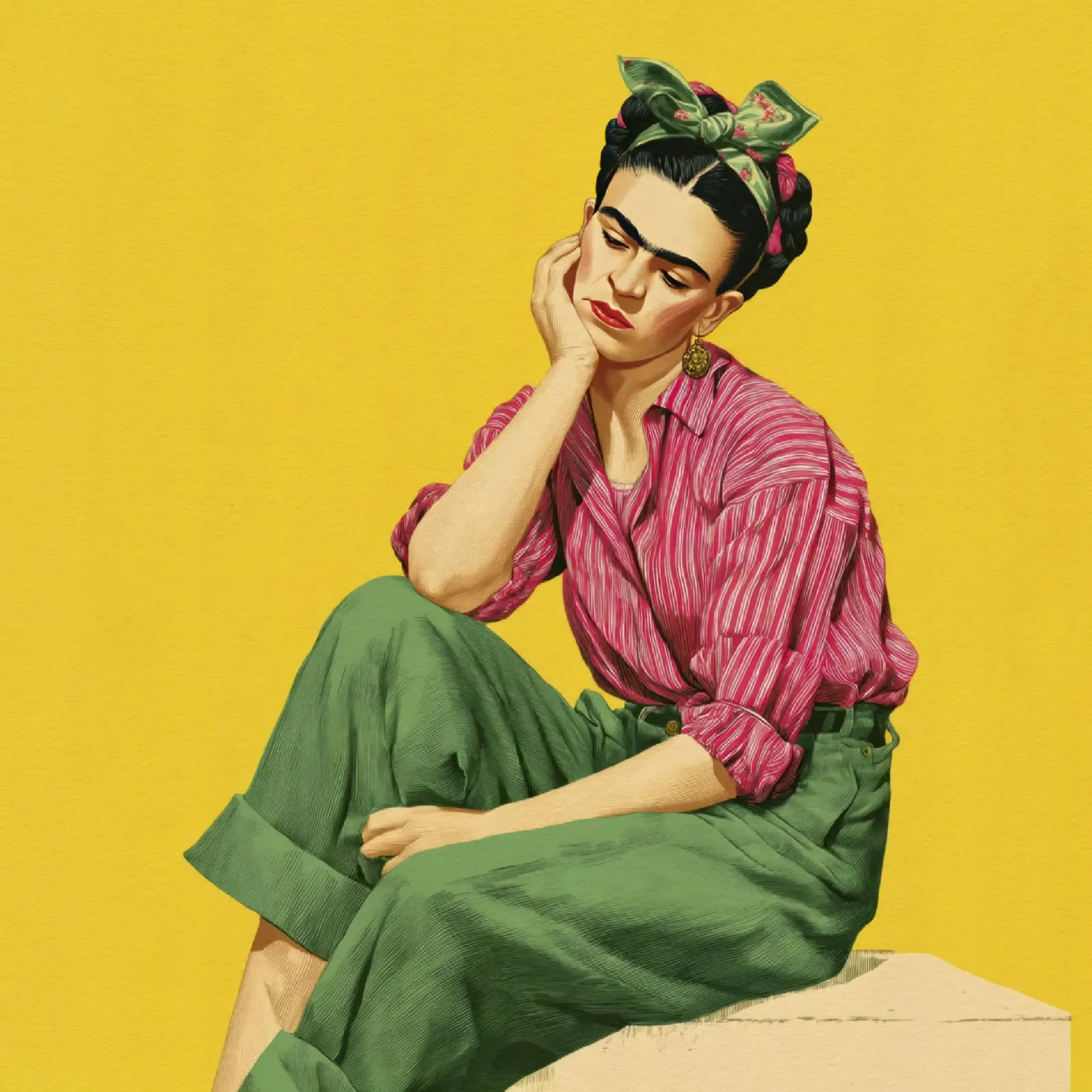 Fille mexicaine stylisée avec des rayures, toile de fond jaune Art Print poster avec cadre en aluminium de Modern Muse