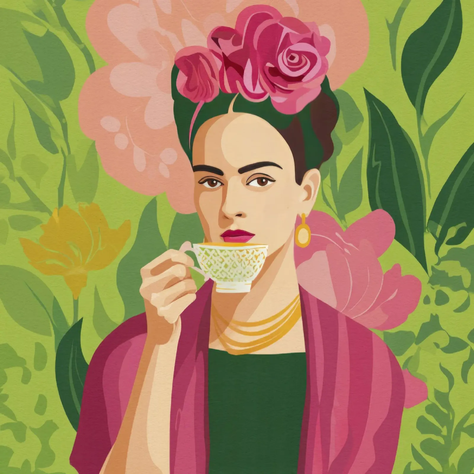 Ragazza messicana pastello con tè, atmosfera moderna del Midcentury carta hahnemühle da Modern Muse
