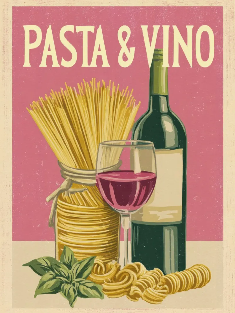Pasta & Vino Retro Poster with Wine, Spaghetti & Basil pellicola backlit da Modern Muse