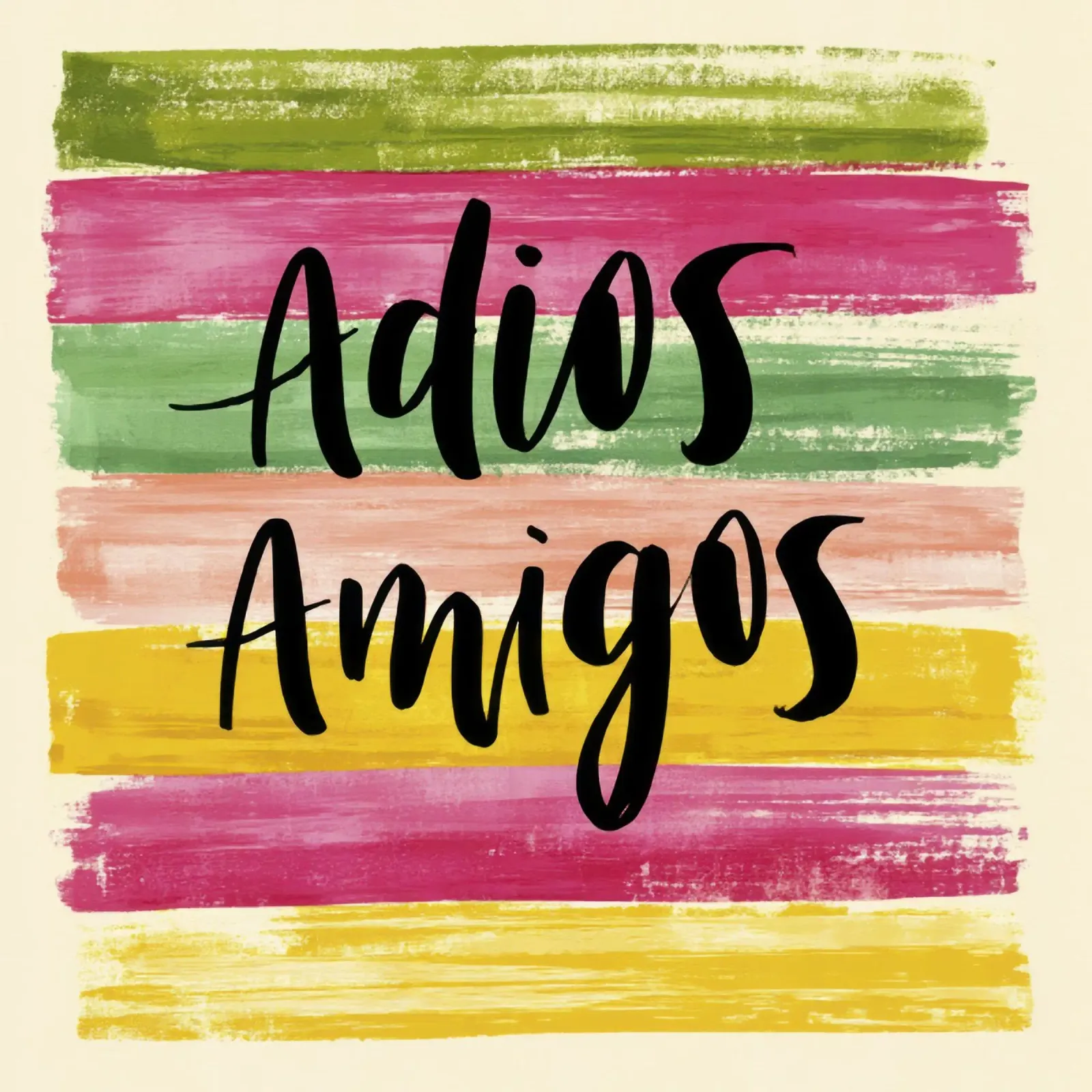 "Adios Amigos" Schwarze Typografie auf bunten 70er-Jahre-Streifen Leinwand mit Schattenfugenrahmen von Modern Muse