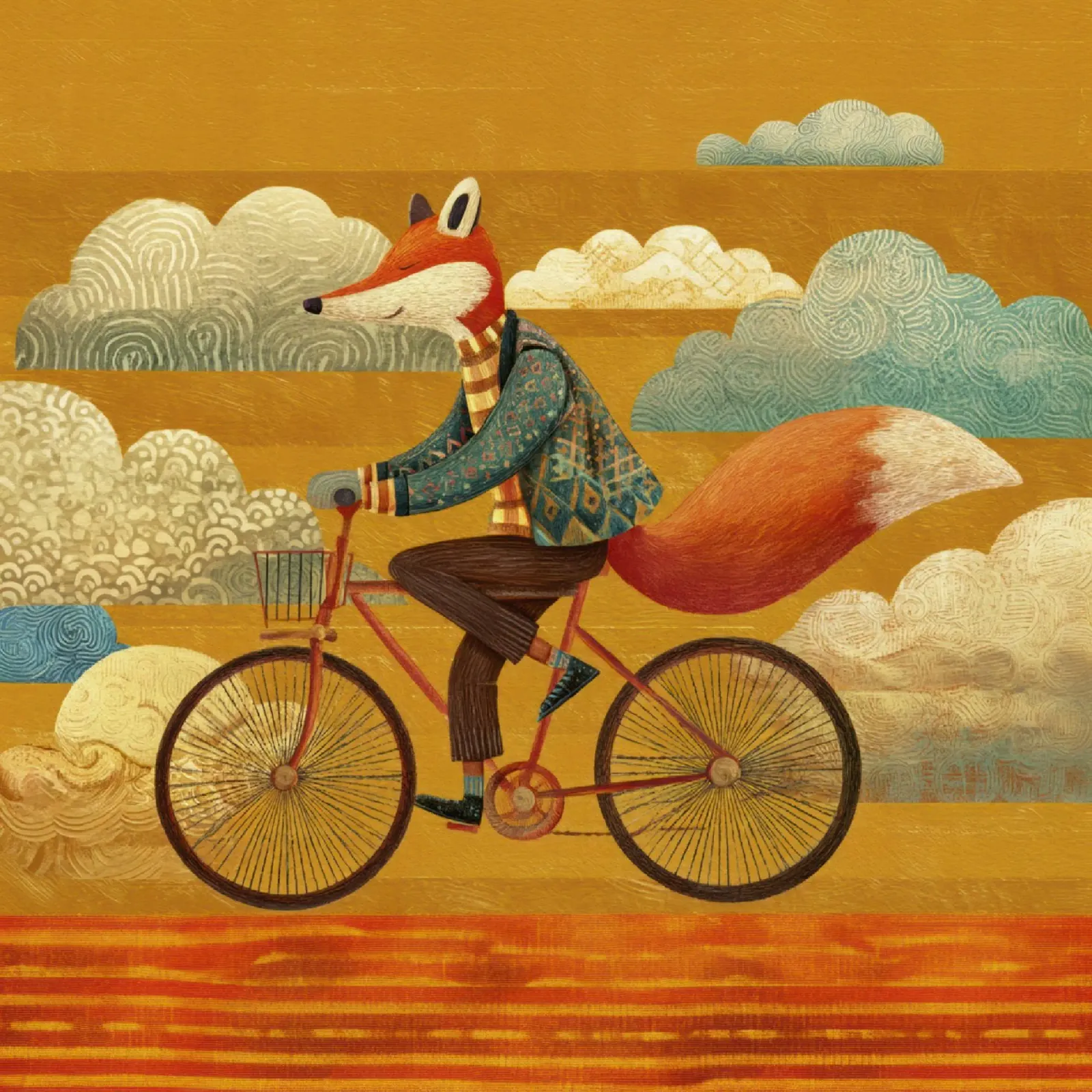 Whimsical Fox on Bike with Patterned Clouds and Orange Sky canvas by Modern Muse