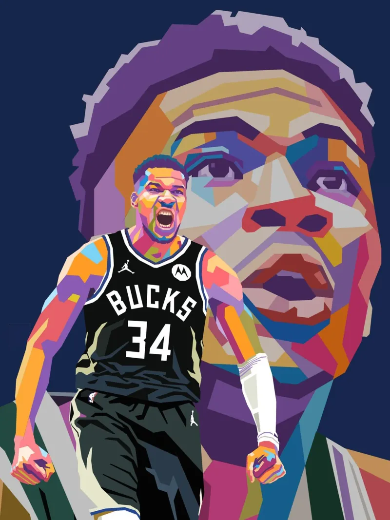 Ritratto pop art di Giannis Antetokounmpo pellicola backlit da Hantamrata