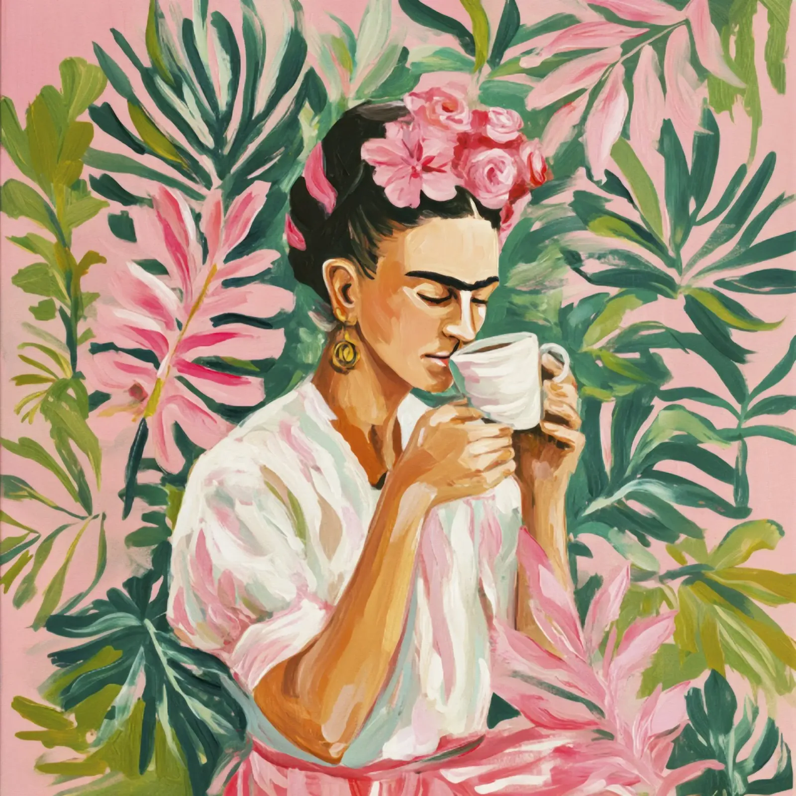 Donna iconica con rose, tè e fogliame verde in tonalità tenui carta hahnemühle da Modern Muse