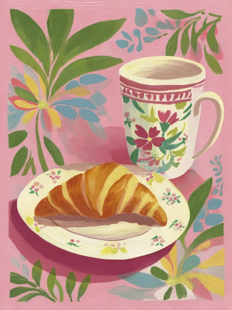 Croissant astratto e coppa floreale stile Matisse su rosa pellicola backlit da Modern Muse