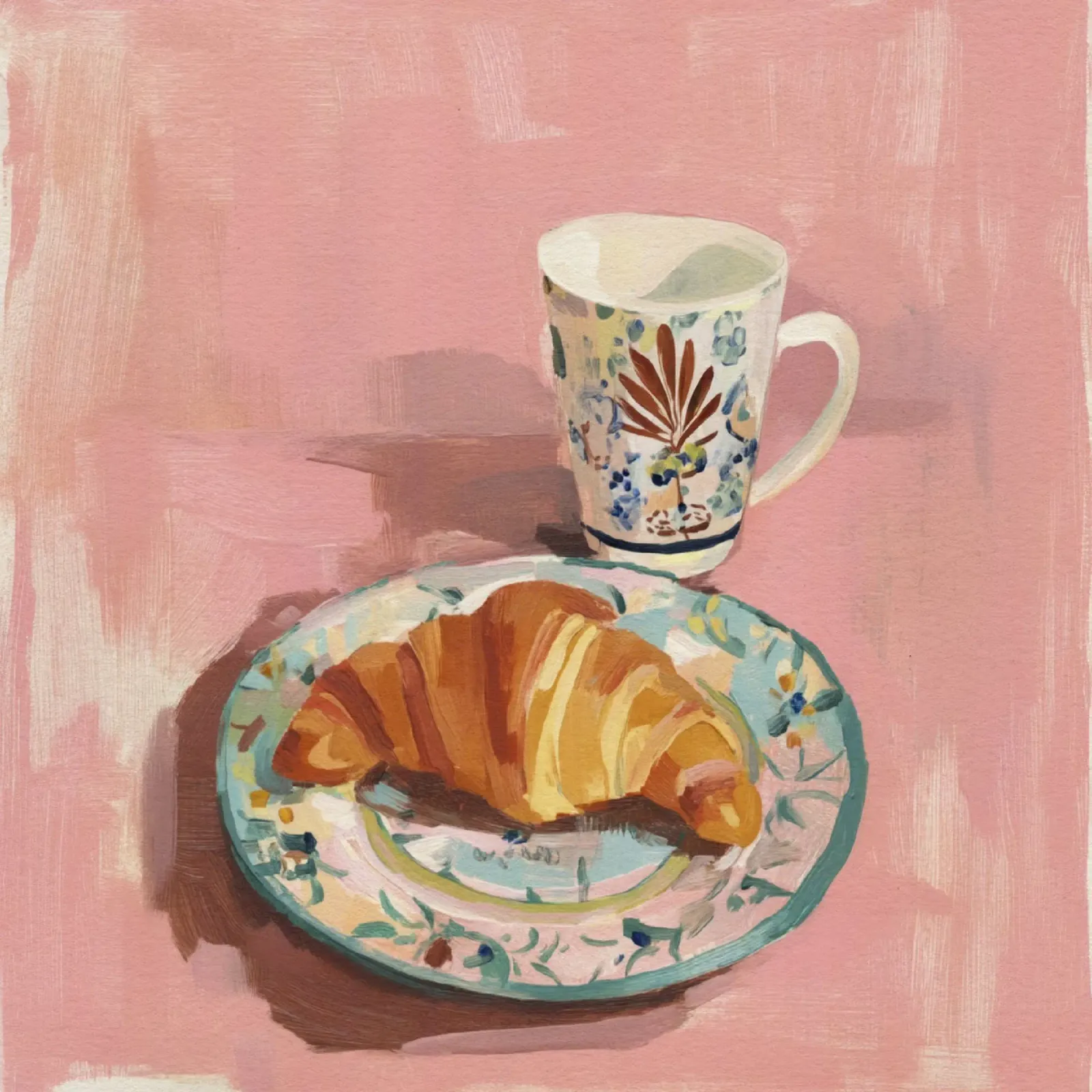 Cup and Croissant with Florals on Blush Grunge Background poster by Modern Muse