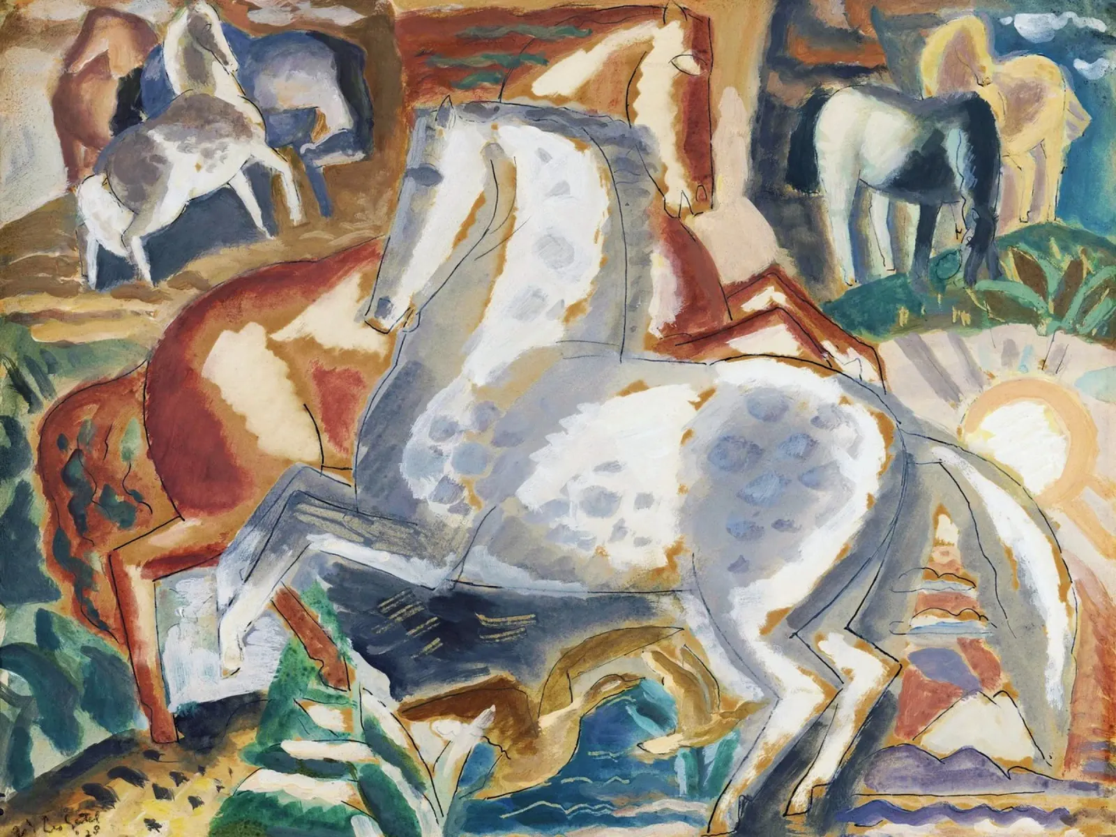 Leo Gestel Chevaux dans un paysage - Modernist Print poster de NorwesClub