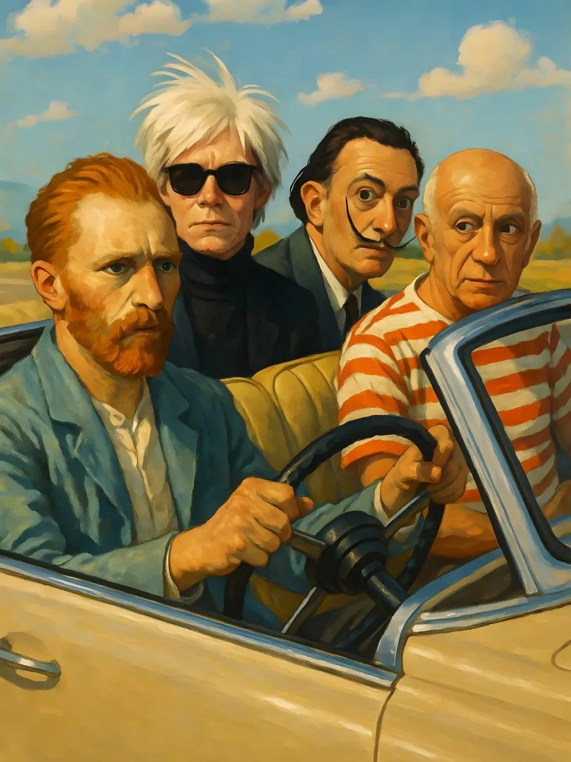 VINCENT VAN GOGH ANDY WARHOL SALVADOR DALI PICASSO IN AUTO poster con telaio in alluminio da ARTOMATIC