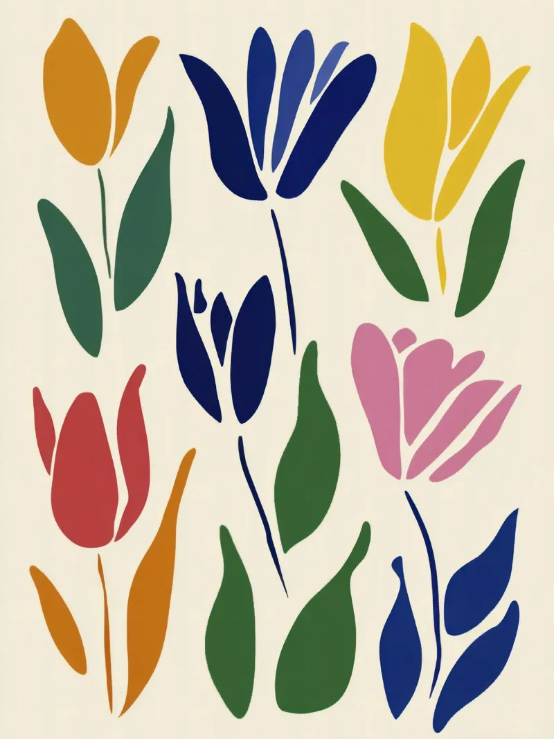 Tulipani colorati e audaci in stile midcentury ispirato a Matisse pellicola backlit da Modern Muse