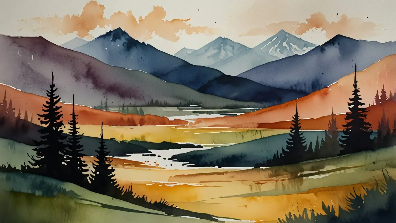 Sereno paesaggio ad acquerello con montagne e fiume pellicola backlit da DesignDoodle