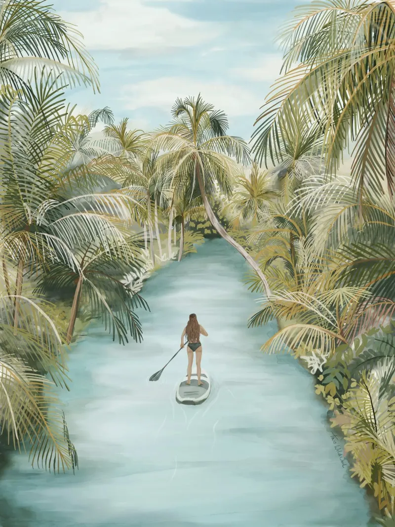 Boho Paddle Boarding Giungla Natura Tropicale Fiume Palme pellicola backlit da This Wild Soul - Illustration