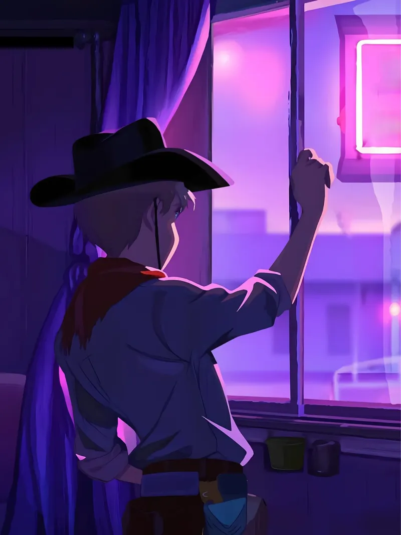 Cowboy At Evening Looking Outside The Window Lofi Art canvas with Floater frame by LoFi Gallery