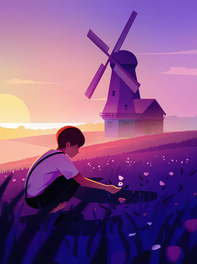 Ragazzo con fiori al mulino a vento di sera Lofi Art poster con telaio in legno da LoFi Gallery