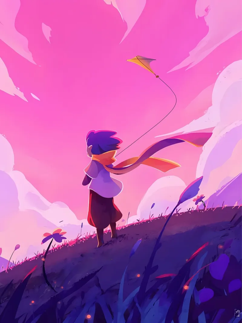 Cerf-volant volant dans un champ de fleurs Lofi Art poster de LoFi Gallery