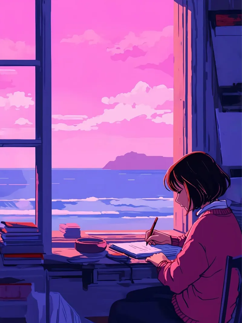 Writing And Looking At Ocean Lofi Art canvas by LoFi Gallery