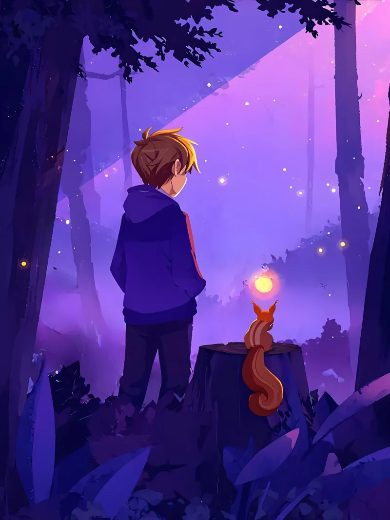 Ragazzo nella foresta con scoiattolo Lofi Art pellicola backlit da LoFi Gallery
