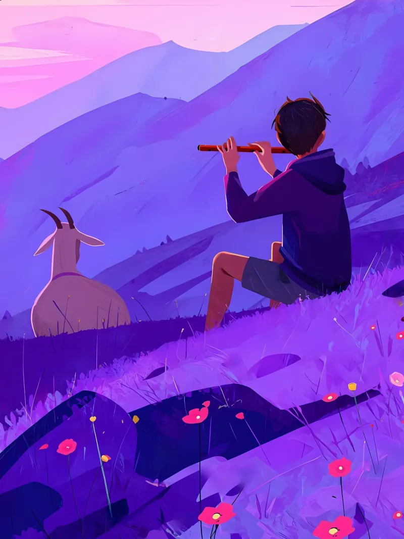 Ragazzo che suona il flauto con la capra Lofi Art poster da LoFi Gallery