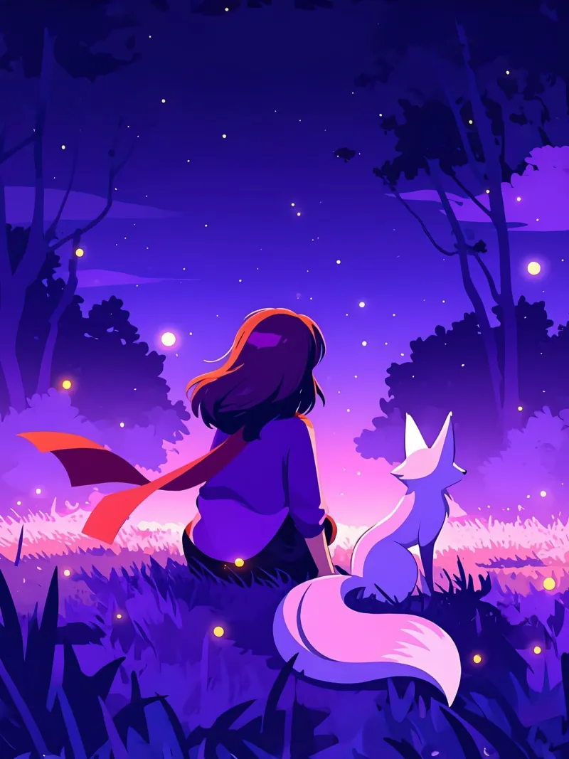 Ragazza nella foresta di notte con la volpe Lofi Art pellicola backlit da LoFi Gallery