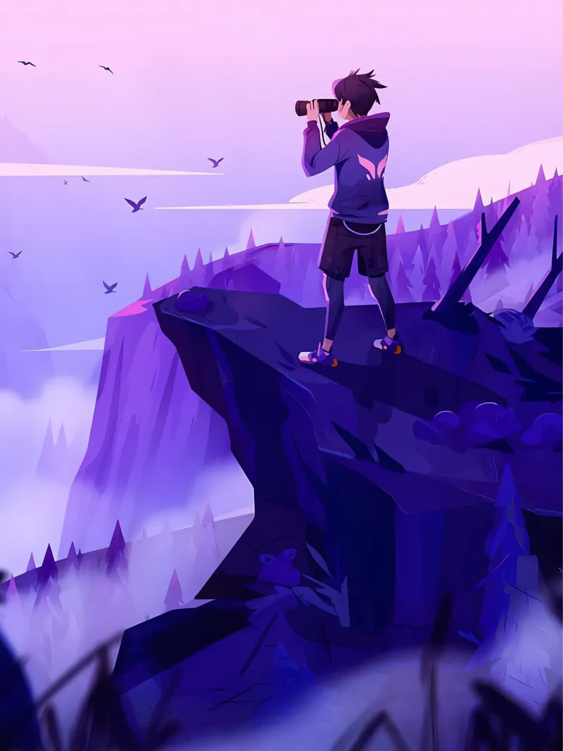 Boy Looking Sceneries Using Binoculars On Cliff Lofi Art hahnemühle by LoFi Gallery
