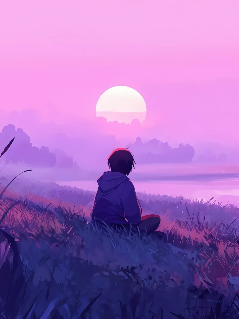 Junge mit Blick auf Sonnenuntergang am Abend Lofi Art Hahnemühle von LoFi Gallery