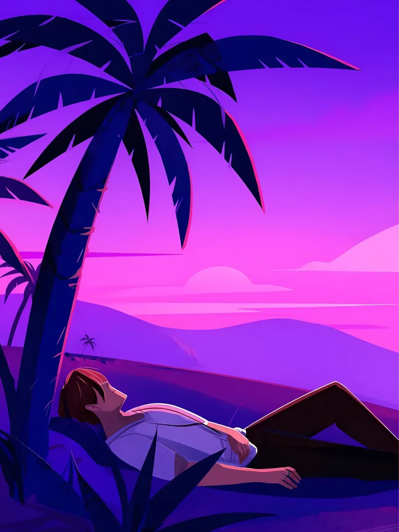 Man rustend op strand bij zonsondergang Lofi kunst hahnemühle van LoFi Gallery