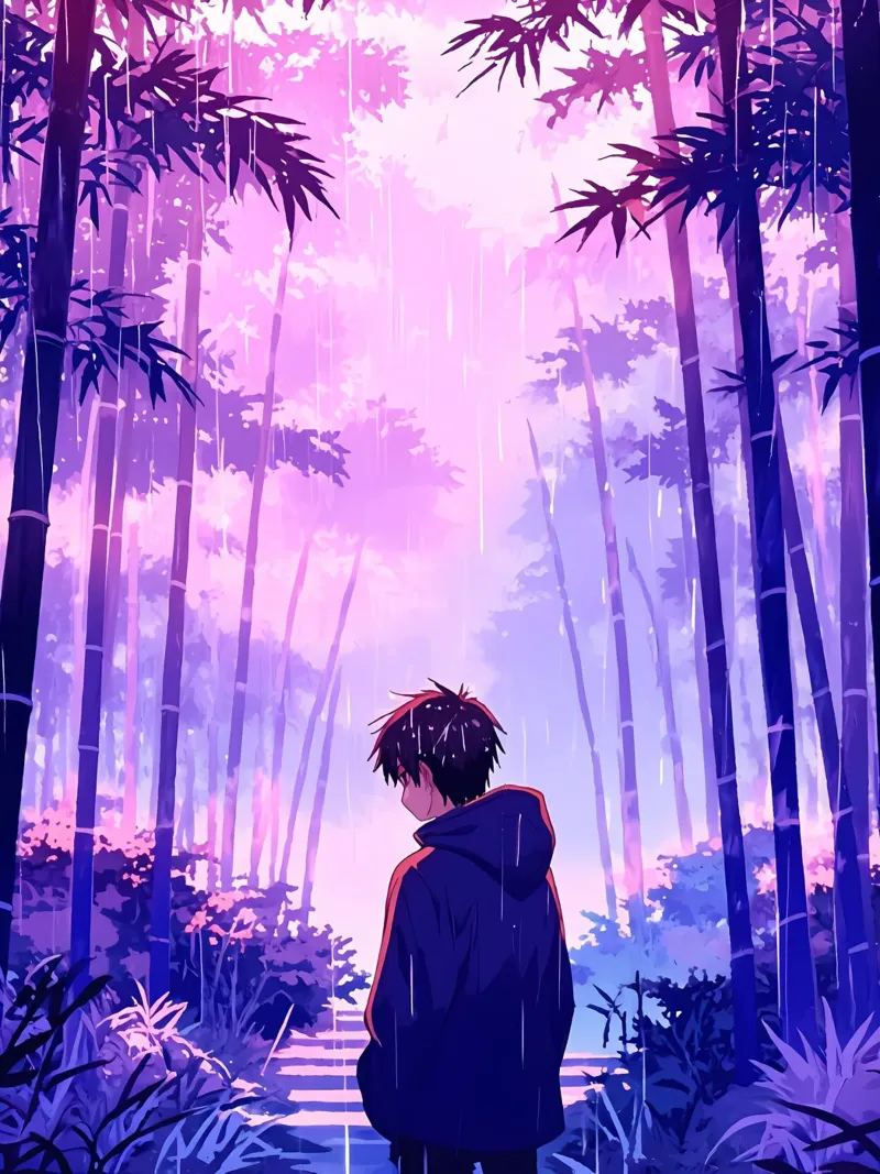 Ragazzo nella foresta in una notte di pioggia Lofi Art plexiglass da LoFi Gallery