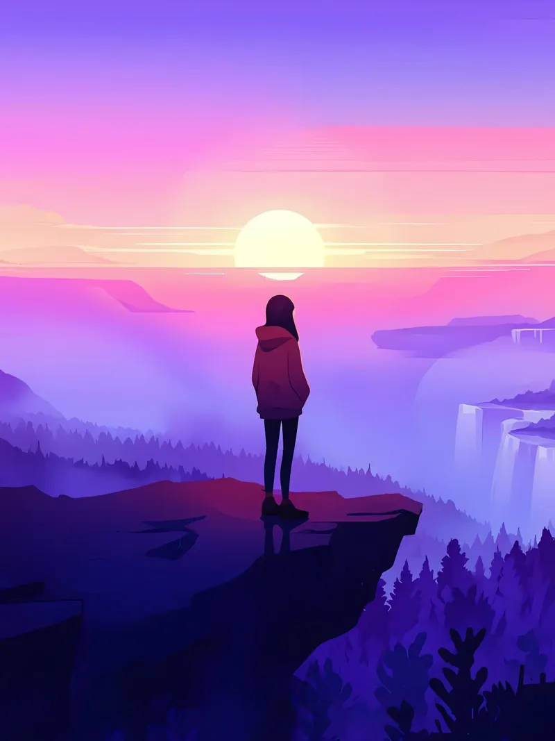 Ragazza che guarda il tramonto sulla scogliera di montagna Lofi Art poster con telaio in alluminio da LoFi Gallery