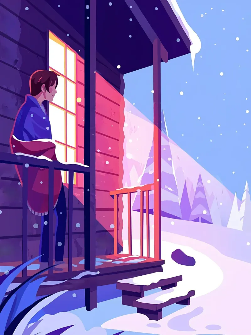 Uomo che guarda la neve invernale dalla cabina Lofi Art poster con telaio in legno da LoFi Gallery