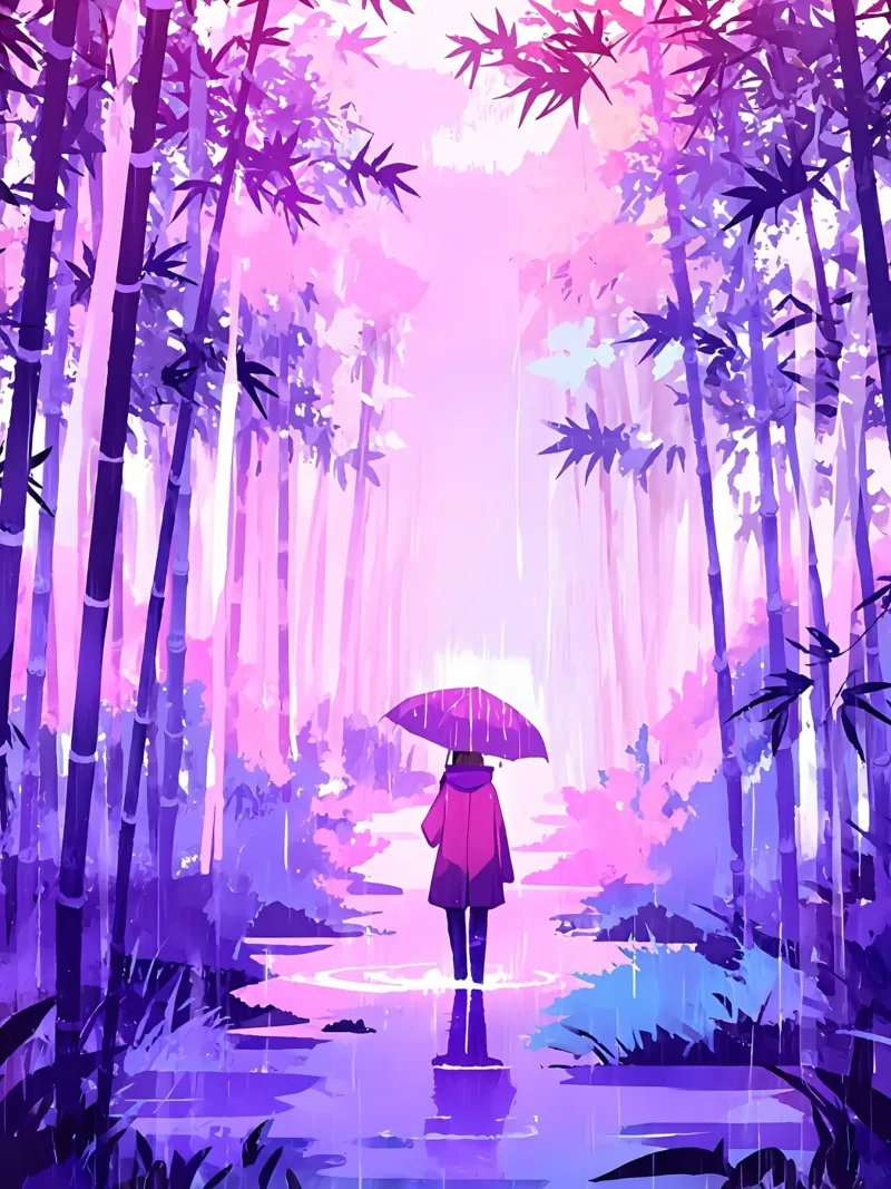 Ragazza su un sentiero della giungla sotto la pioggia Lofi Art pellicola backlit da LoFi Gallery