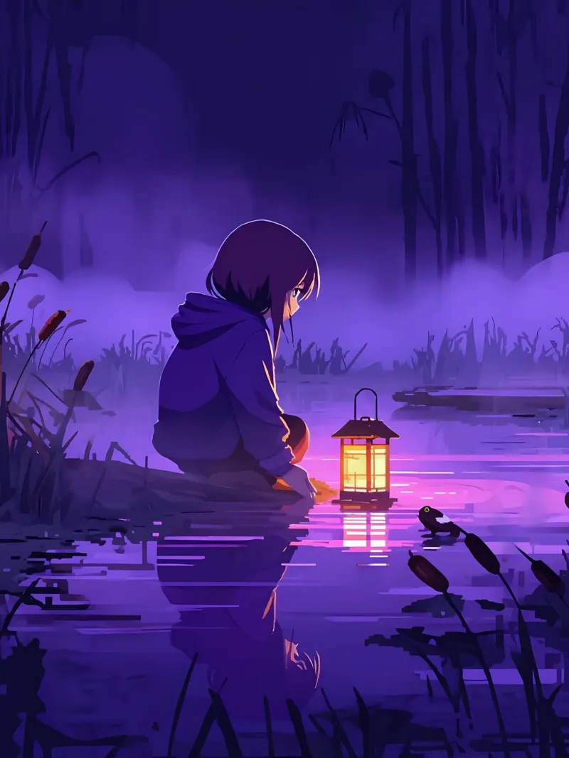 Ragazza con lanterna vicino allo stagno Lofi Art pellicola backlit da LoFi Gallery