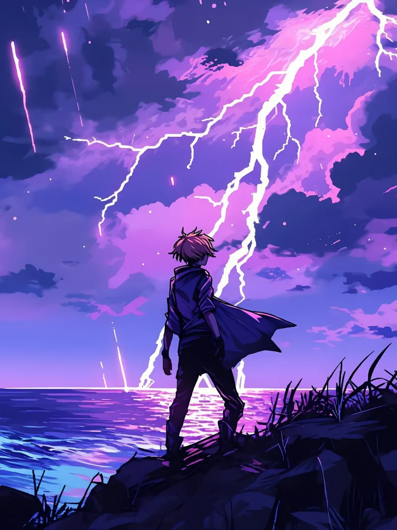Ragazzo in una tempesta di fulmini Weather Lofi Art pellicola backlit da LoFi Gallery
