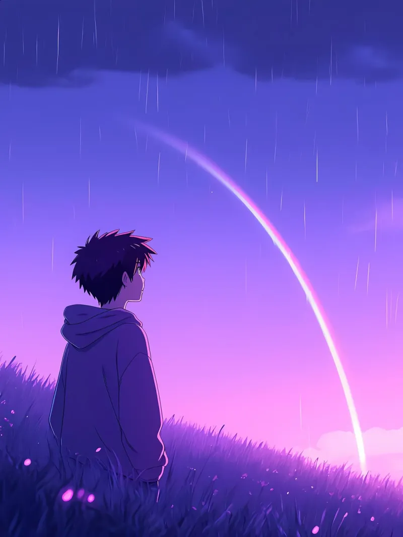 Ragazzo che guarda l'arcobaleno in un prato Lofi Art pellicola backlit da LoFi Gallery