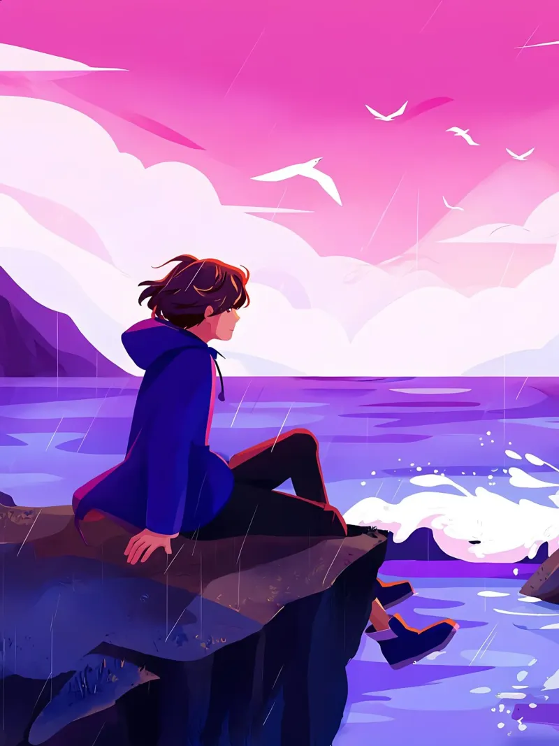 Ragazzo seduto a Ocean Cliff Lofi Art pellicola backlit da LoFi Gallery