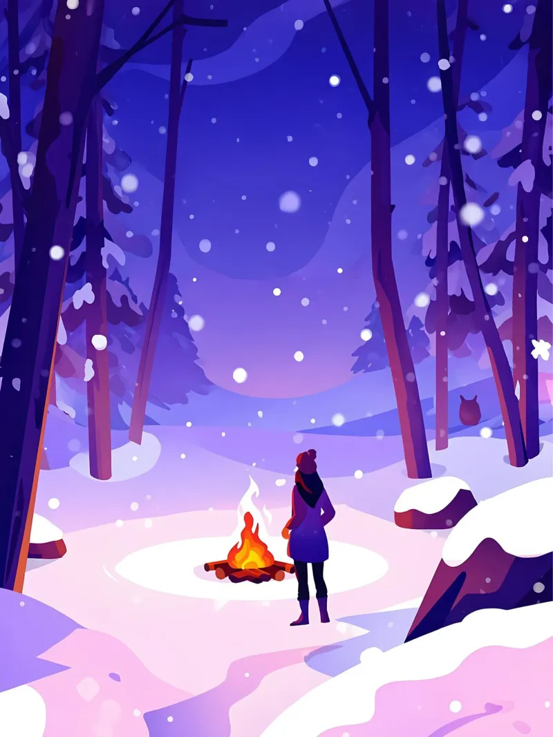 Donna al fuoco nella foresta invernale Lofi Art pellicola backlit da LoFi Gallery