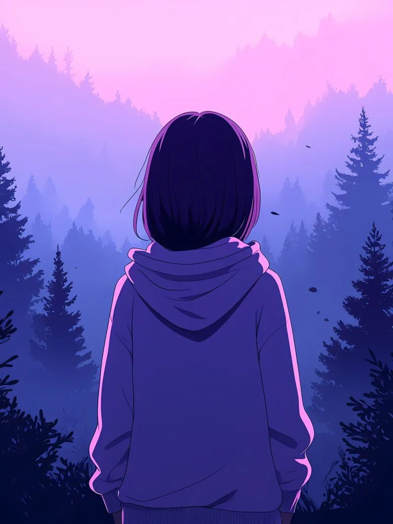 Ragazza con felpa con cappuccio che guarda il tramonto nella foresta Lofi Art poster con telaio in legno da LoFi Gallery