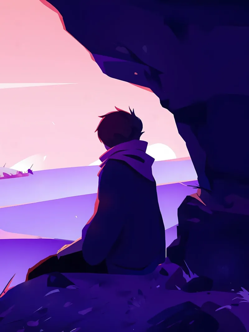 Boy Looking At Sunset At Oceanside Cliff Lofi Art alu-dibond by LoFi Gallery