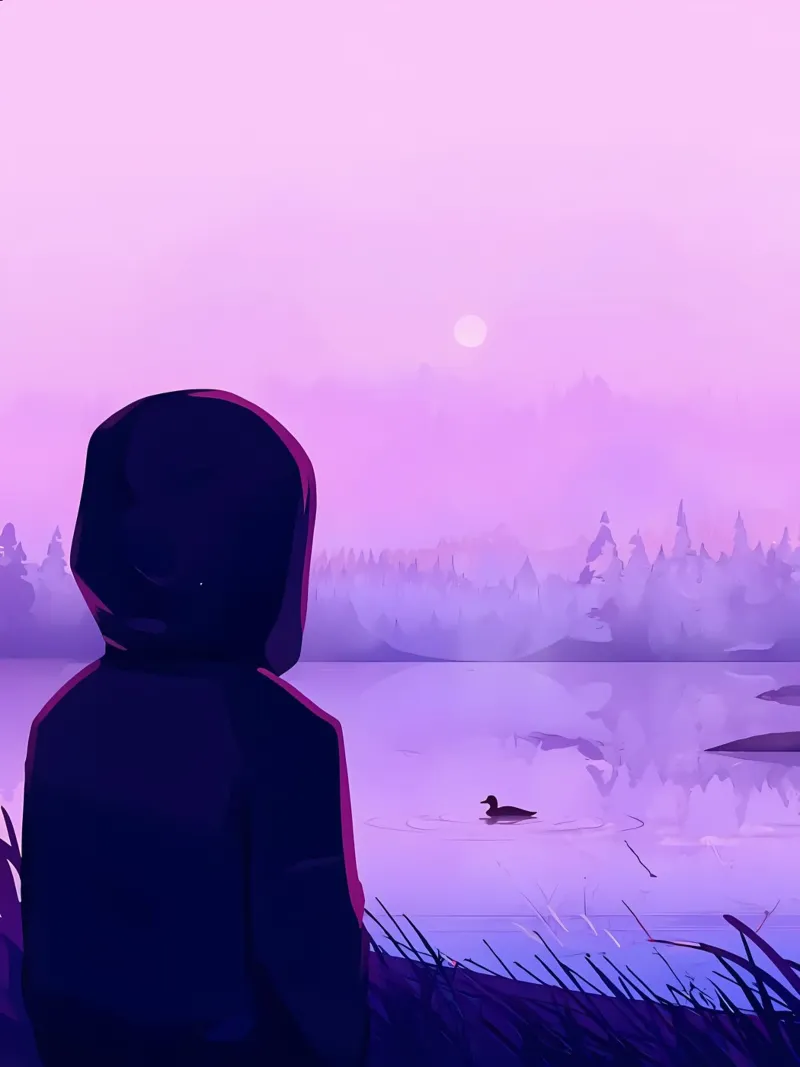 Boy Looking At Ducks In The Lake In Evening Lofi Art canvas with Floater frame by LoFi Gallery