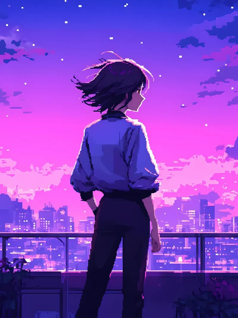 Ragazza in piedi in città moderna edificio in sera Lofi Art pellicola backlit da LoFi Gallery