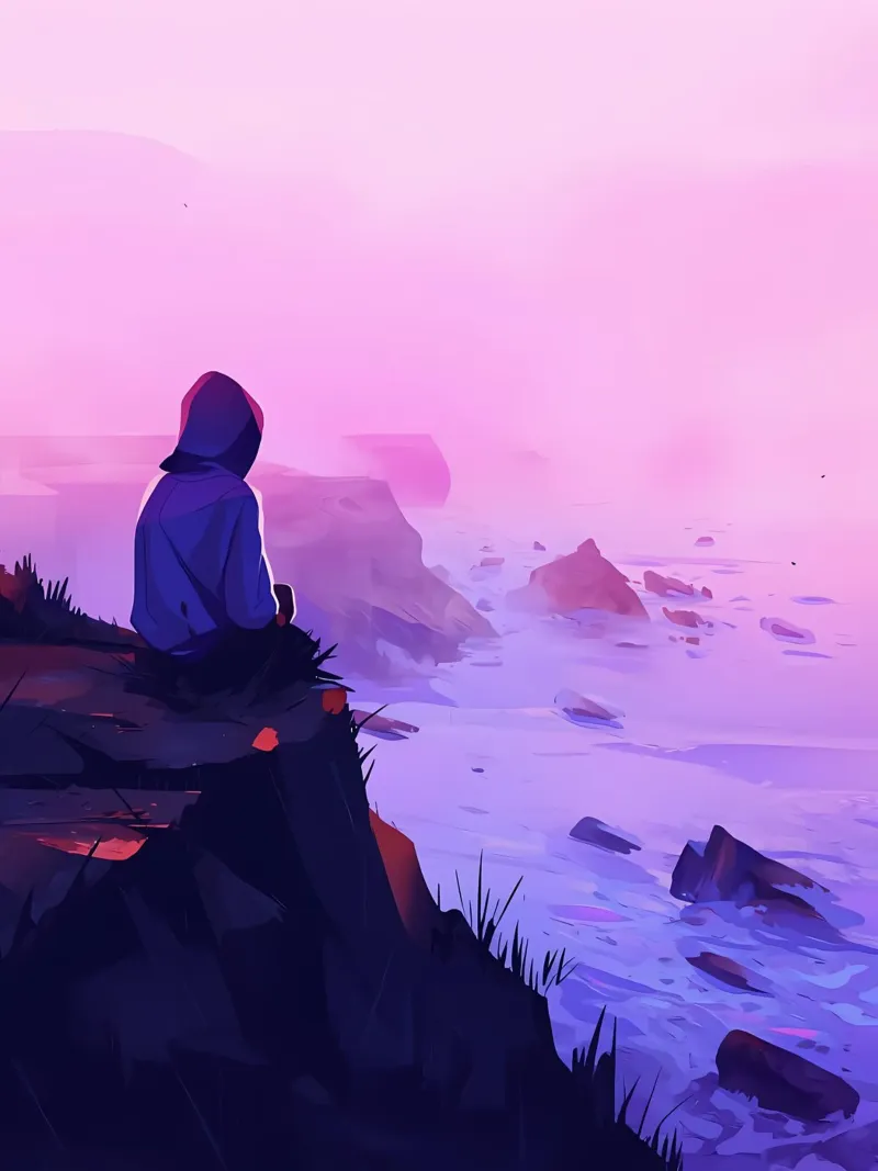 Junge sitzend in der Nähe von Oceanside in Abend Lofi Kunst Hahnemühle von LoFi Gallery