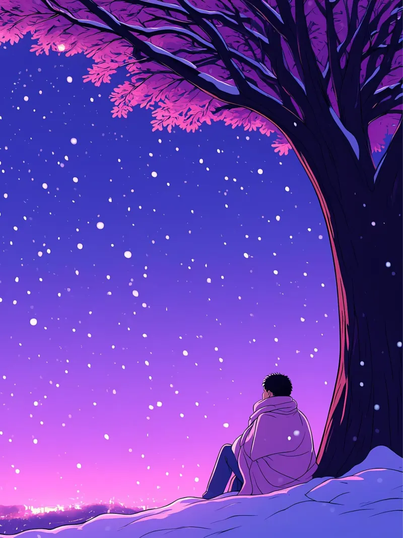 Man Sitting Beside Tree Looking At Snowfall Lofi Art canvas by LoFi Gallery