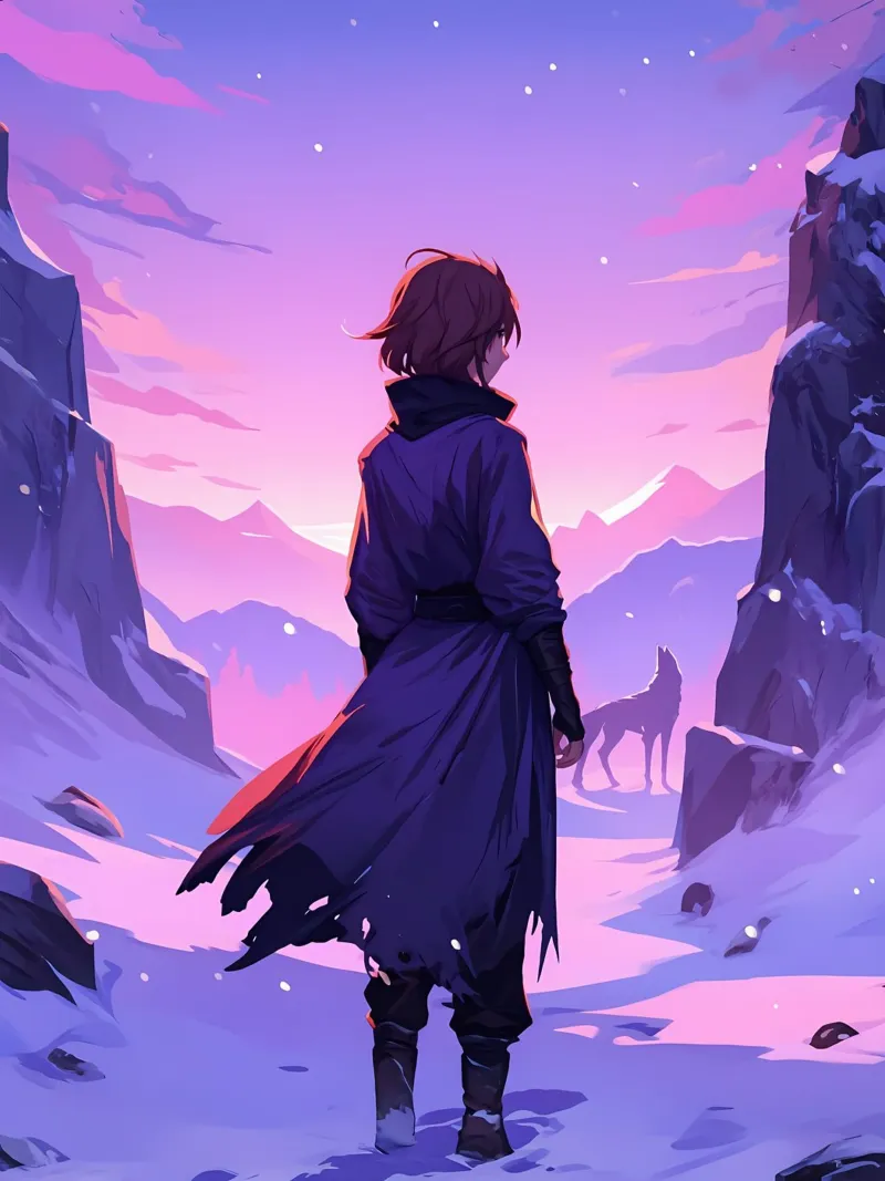 Garçon affrontant un loup dans une montagne enneigée, seul Lofi Art hahnemühle de LoFi Gallery