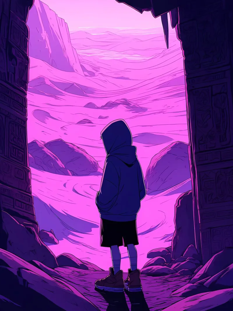 Ragazzo in piedi davanti alla porta del deserto Lofi Art poster con telaio in plastica da LoFi Gallery