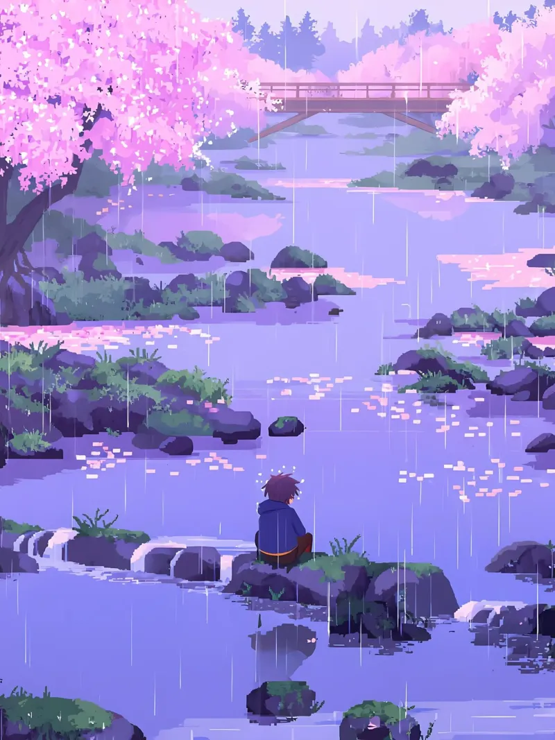 Ragazzo seduto su una roccia del fiume in un fiore di ciliegio Lofi Art pellicola backlit da LoFi Gallery