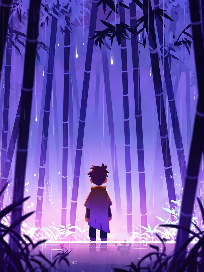 Ragazzo in piedi da solo in una foresta di bambù Lofi Art pellicola backlit da LoFi Gallery