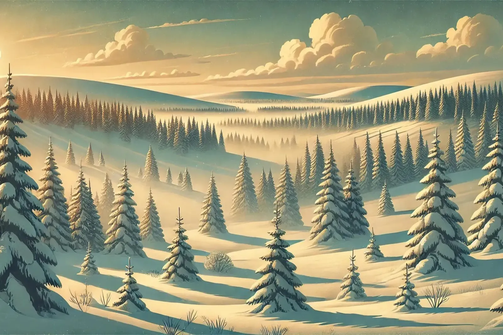 Poster d'epoca Finlandia, foresta invernale della Lapponia pellicola backlit da Chromatic Fusion Studio